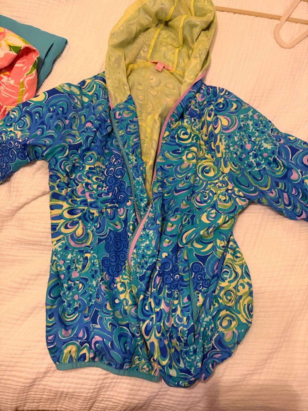 Lilly Pulitzer Blue Teal and Yellow Patterned Hooded Jacket